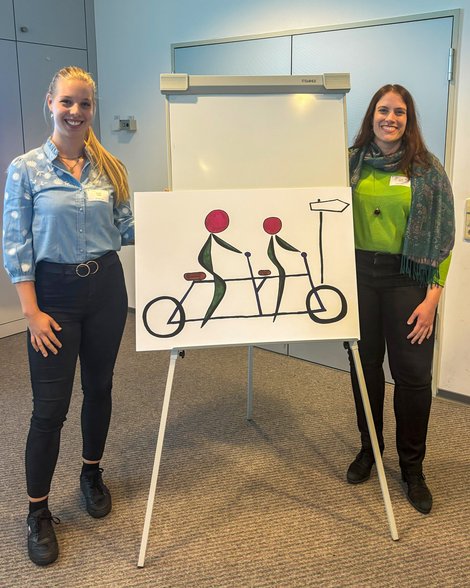 Das Bild zeigt zwei Frauen vor einem Plakat.